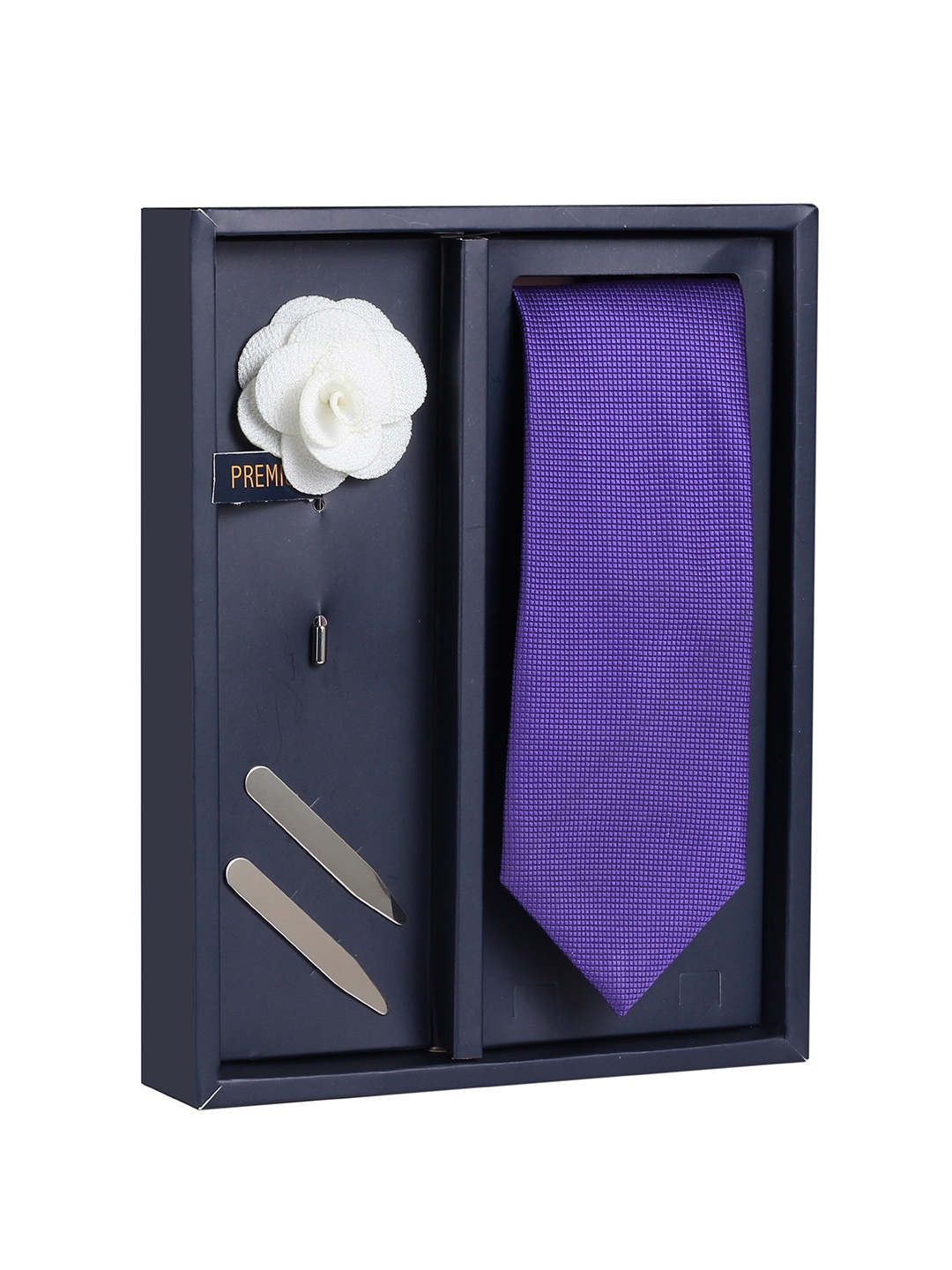 

PELUCHE Men Purple & Off White Checked Broad Tie with Brooch & Collar Stay