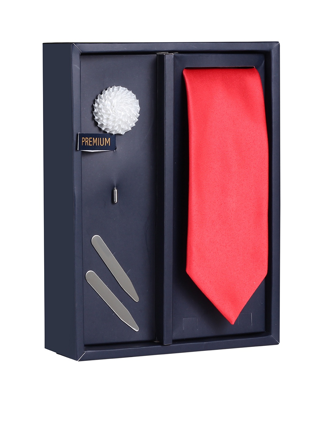 

PELUCHE Men Red Woven Design Broad Tie with Brooch & Collar Stay