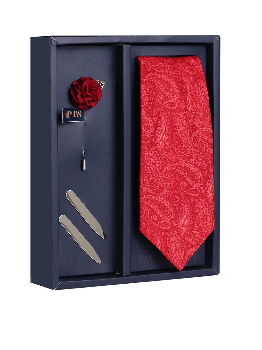 

PELUCHE Men Red Woven Design Broad Tie with Brooch & Collar Stay