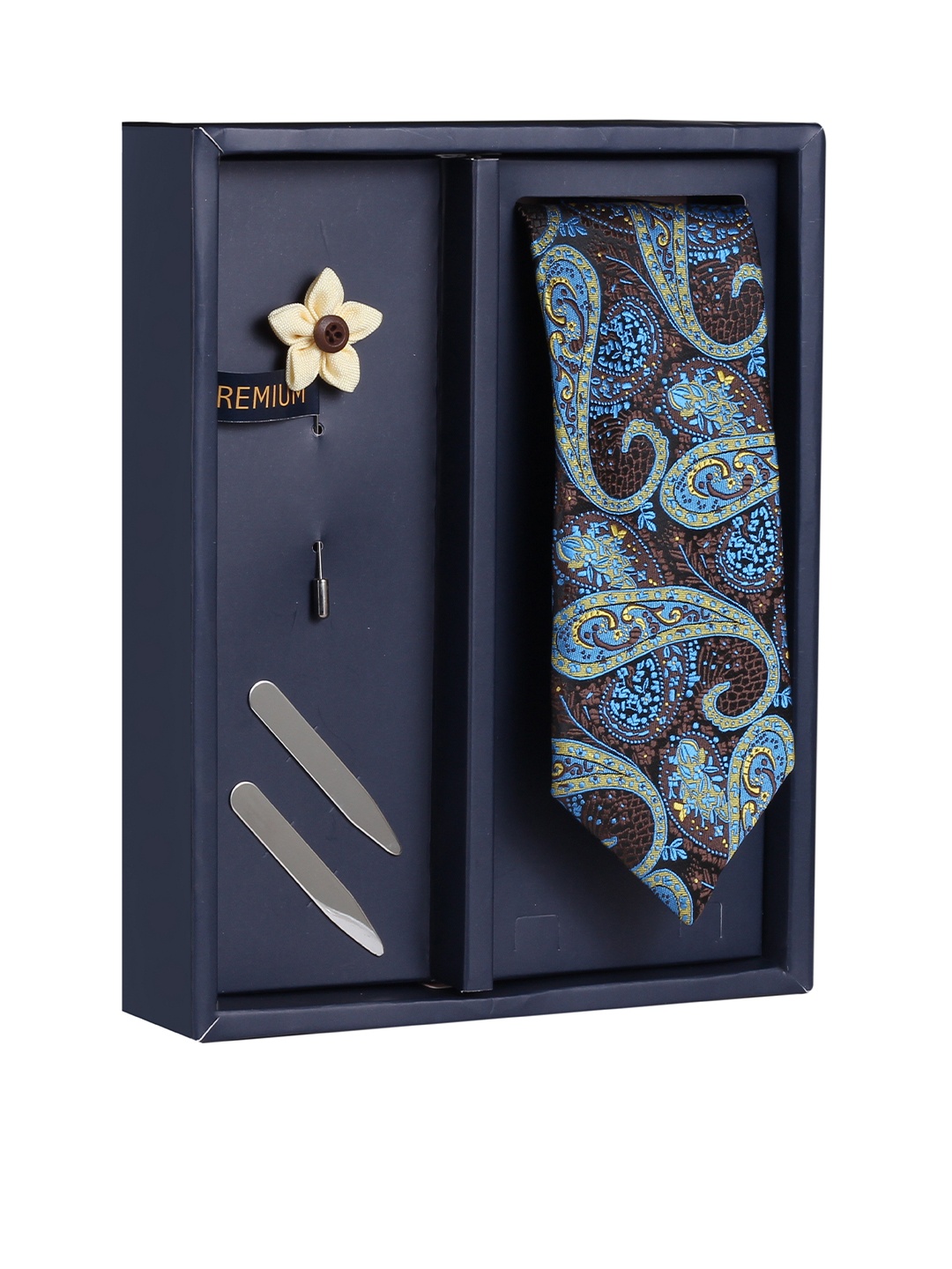 

PELUCHE Men Navy Blue & Grey Printed Broad Tie with Brooch & Collar Stay