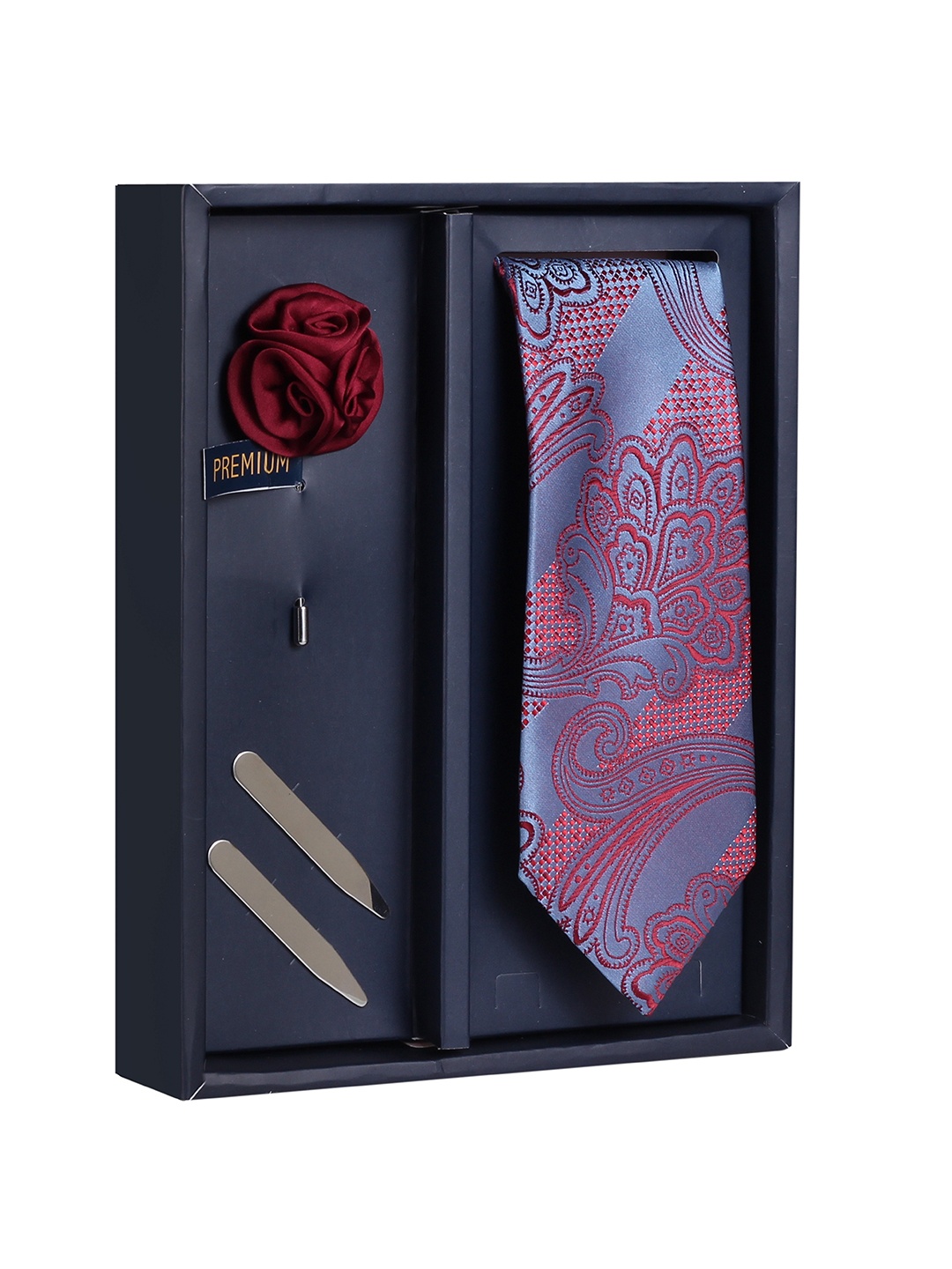 

PELUCHE Men Red & Blue Printed Broad Tie with Brooch & Collar Stay