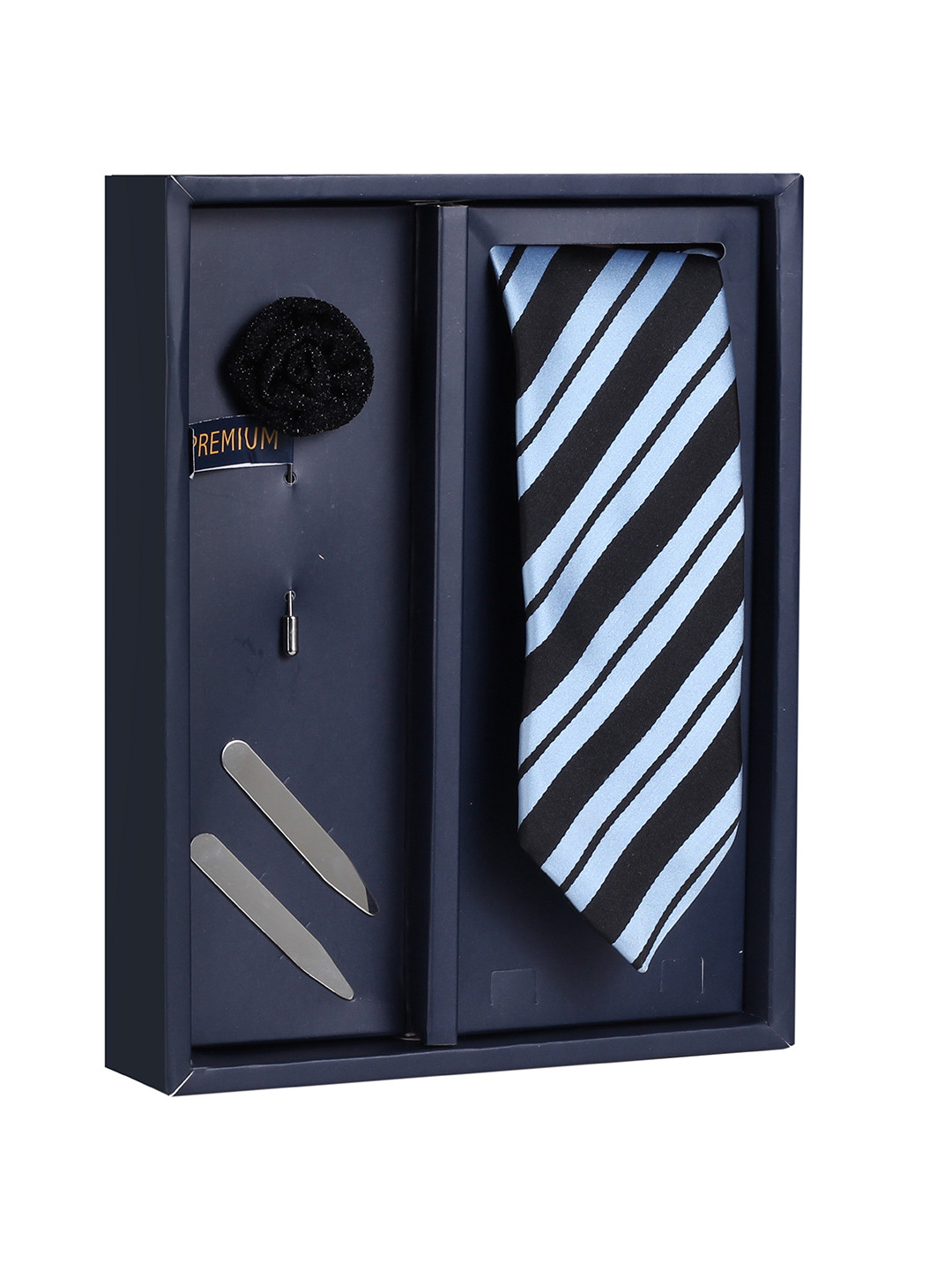 

PELUCHE Men Blue Striped Broad Tie with Brooch & Collar Stay