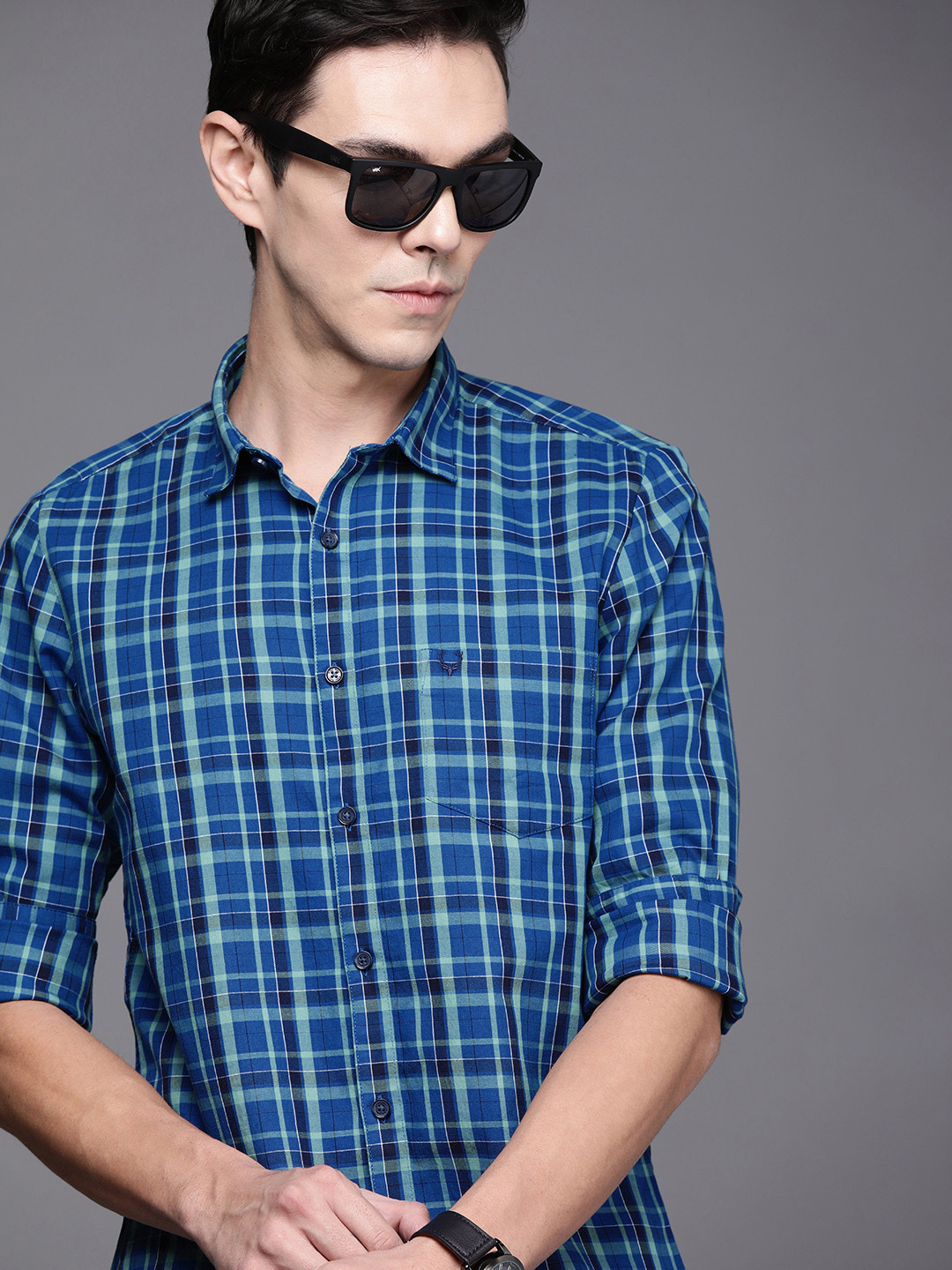 

Allen Solly Men Blue & Green Modern Fit Checked Pure Cotton Casual Shirt