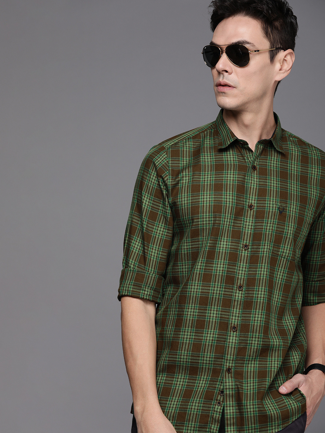 

Allen Solly Men Olive Green & Brown Checked Modern Slim Fit Pure Cotton Casual Shirt