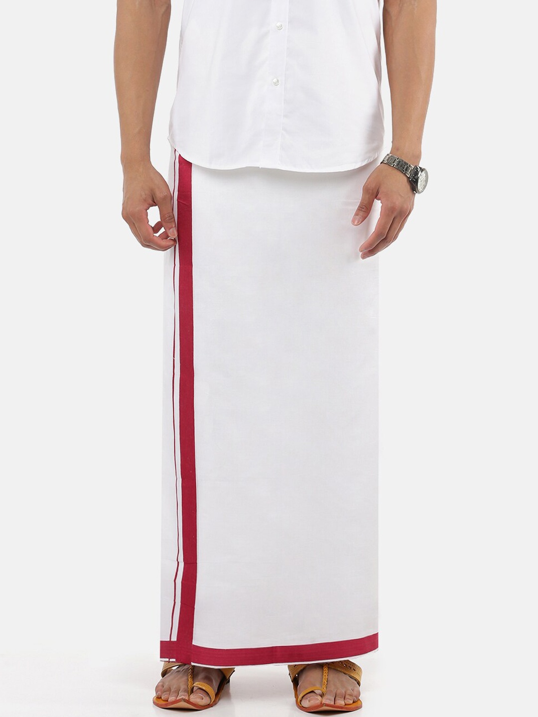 

Ramraj Men Pure Cotton Double layer White Dhoti with Maroon border