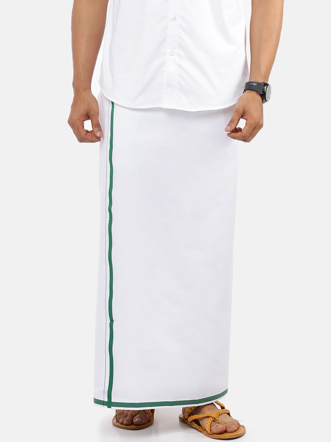 

Ramraj Men Pure Cotton Single layer White Dhoti with green border