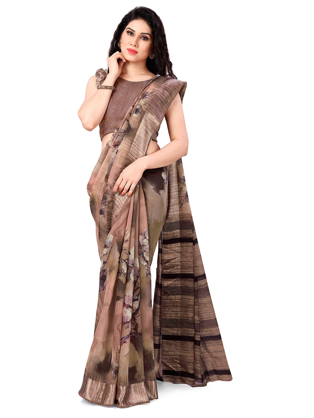 

KALINI Brown & Beige Floral Saree