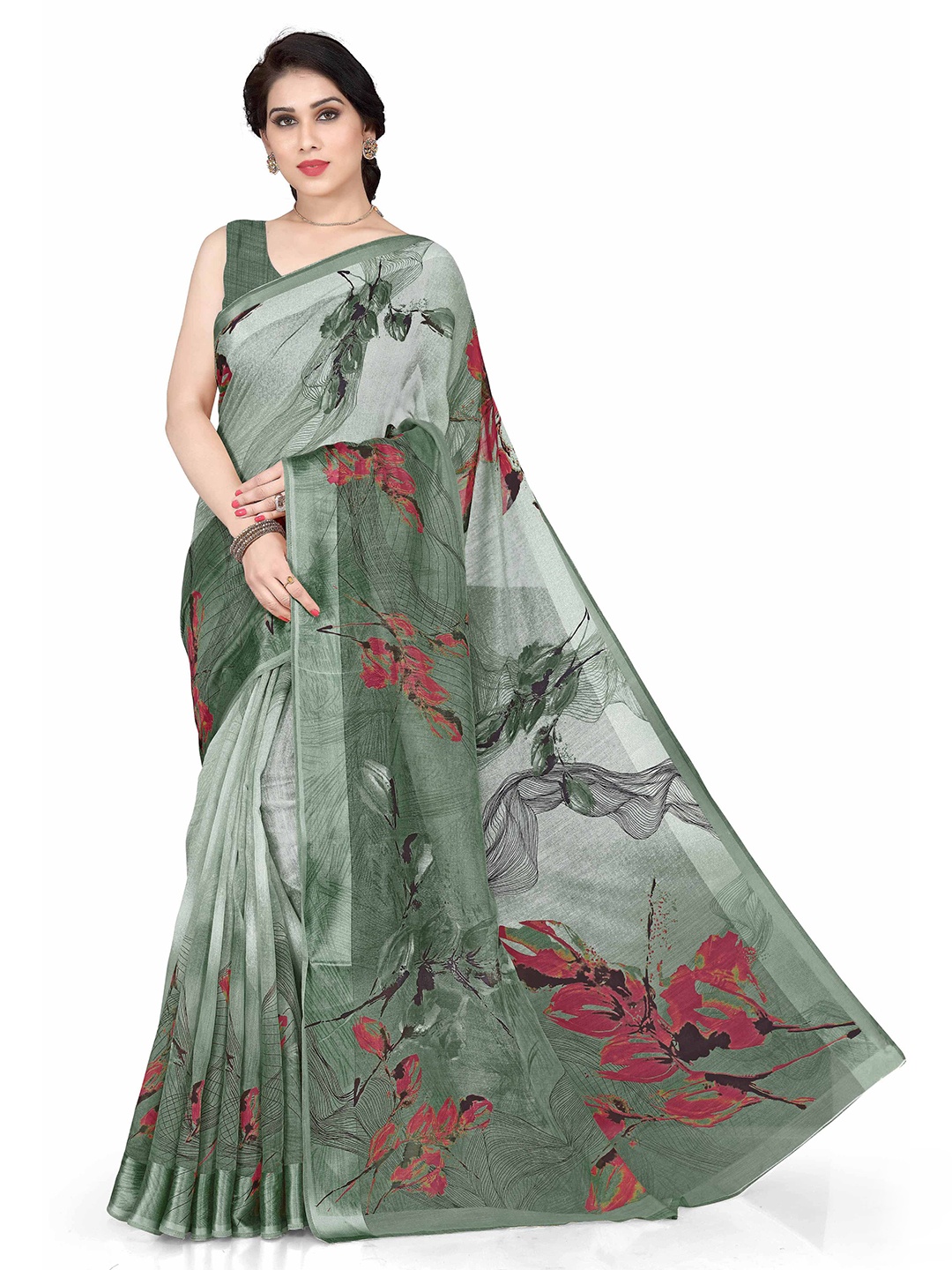

KALINI Green & Red Floral Saree