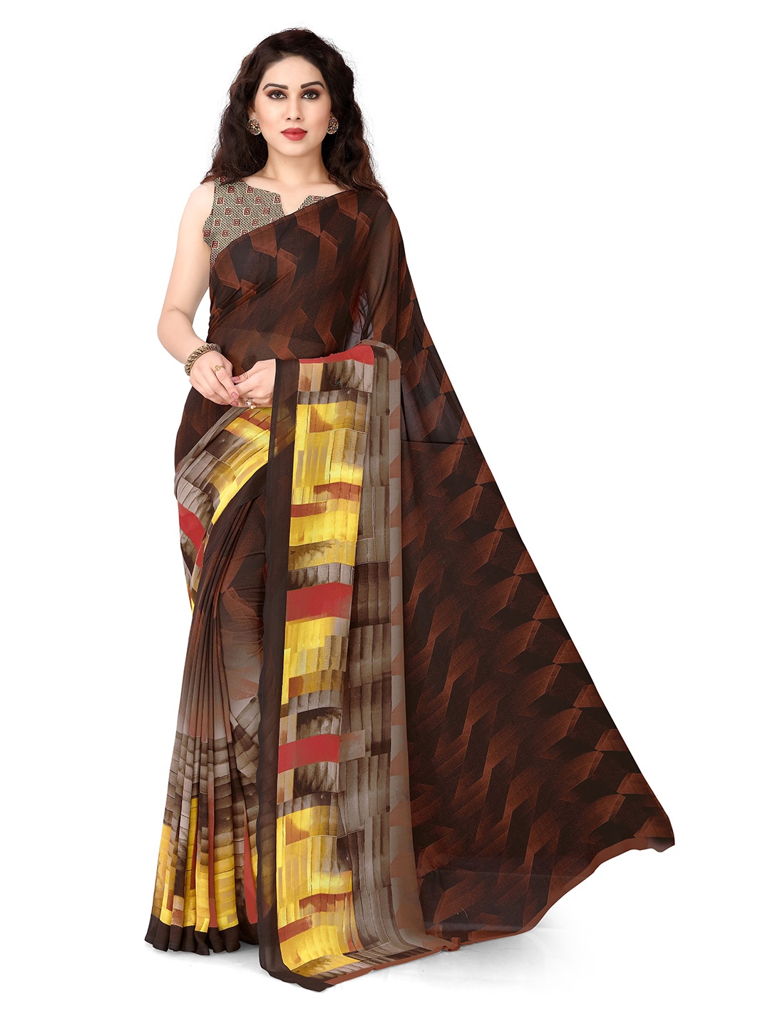 

KALINI Brown & Yellow Printed Saree