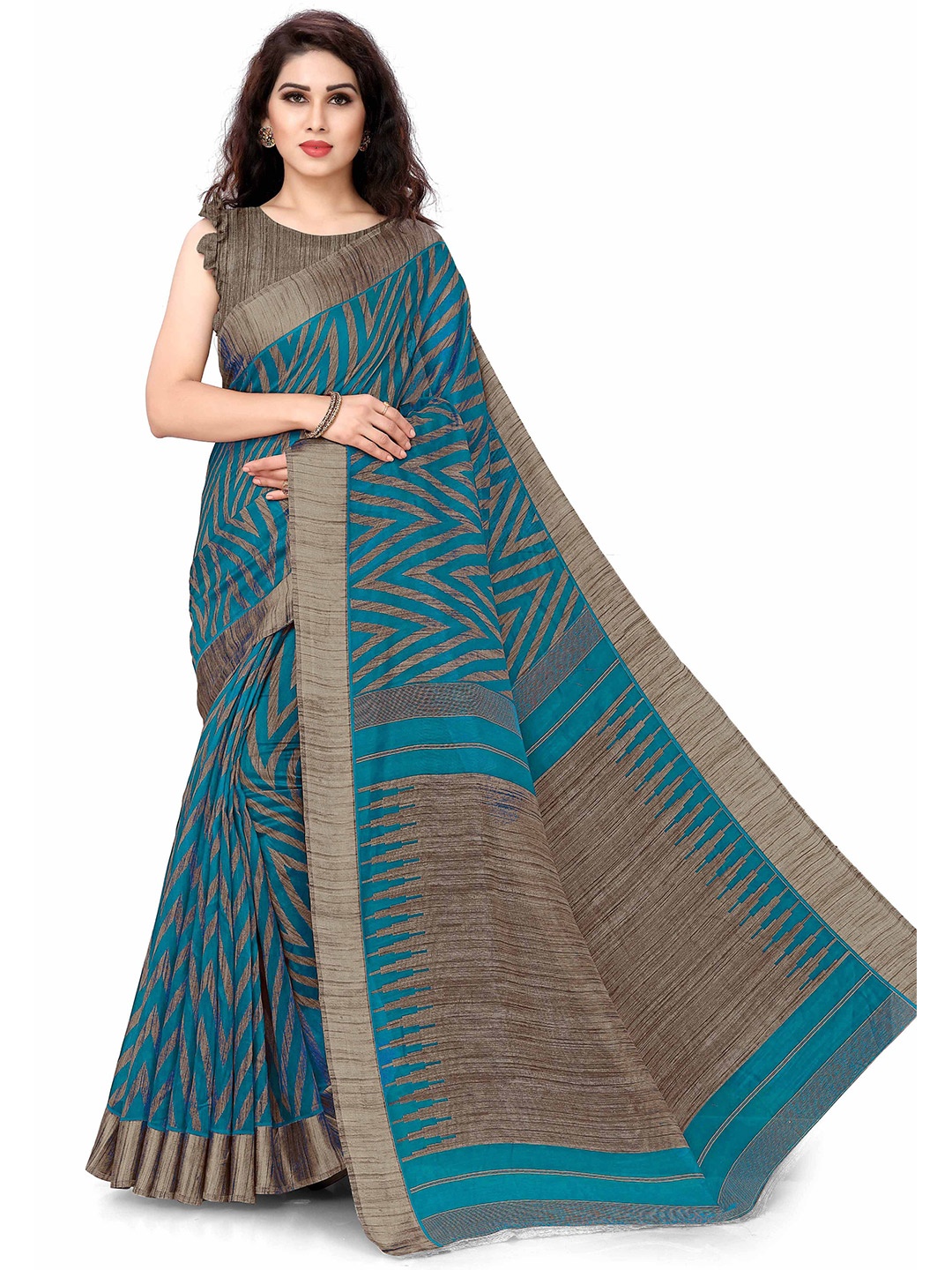 

KALINI Teal Blue & Beige Printed Saree