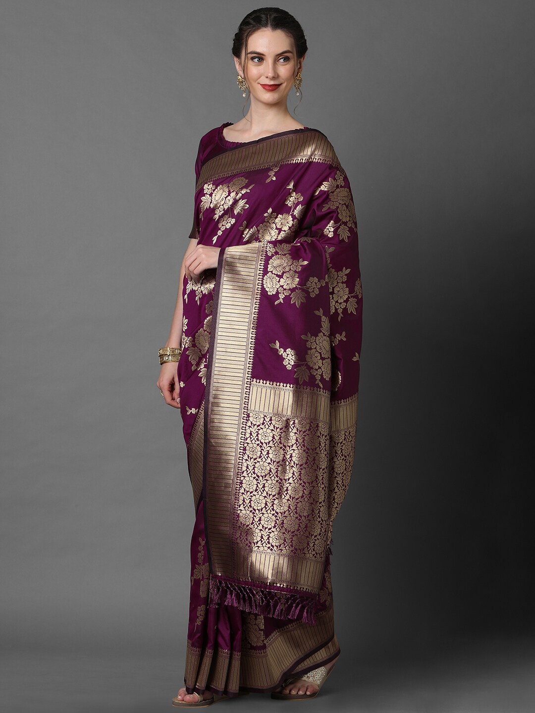 

Mitera Burgundy & Gold-Coloured Floral Zari Woven Design Silk Blend Banarasi Saree