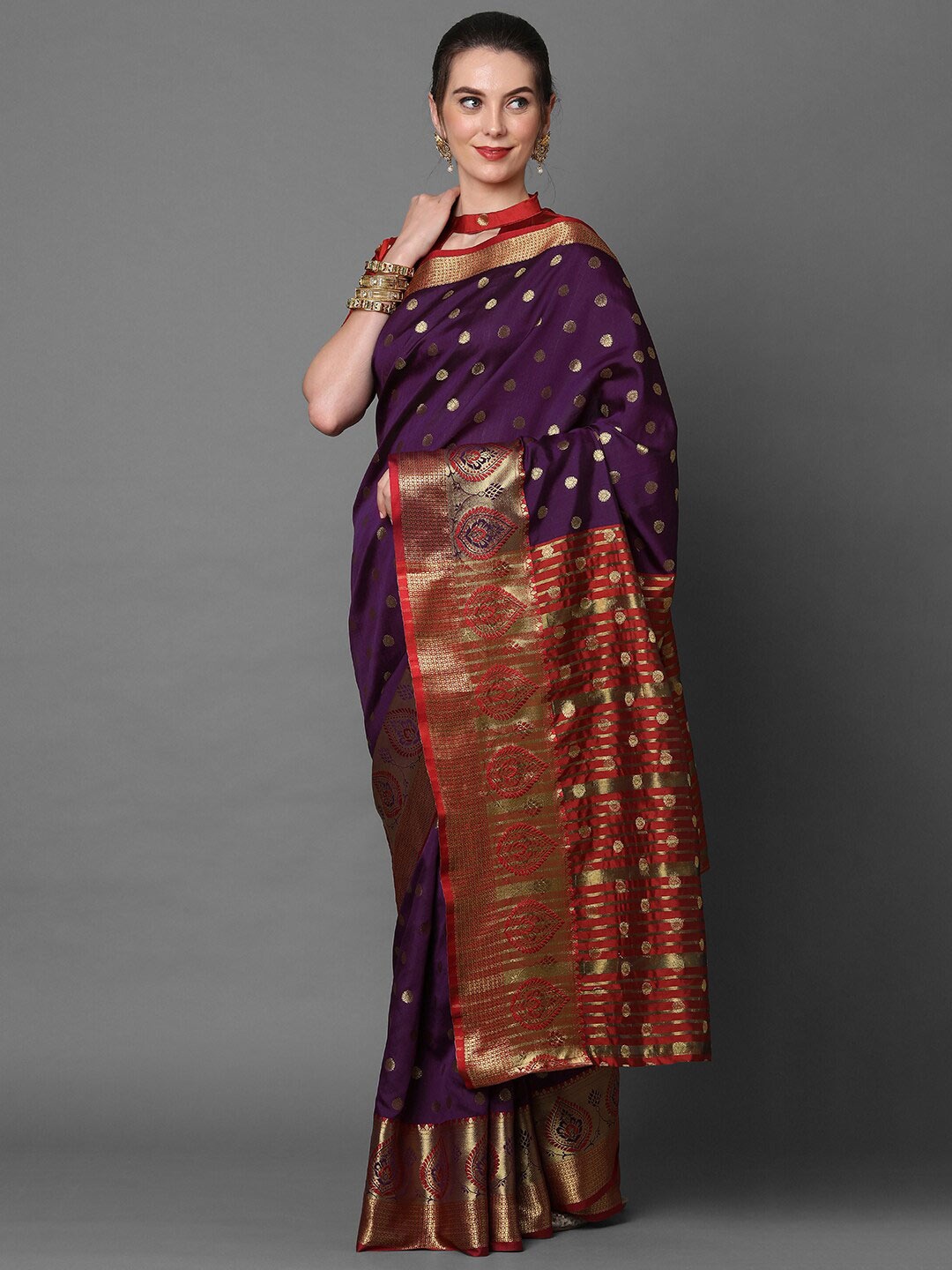 

Mitera Violet & Gold Ethnic Motifs Silk Blend Banarasi Saree