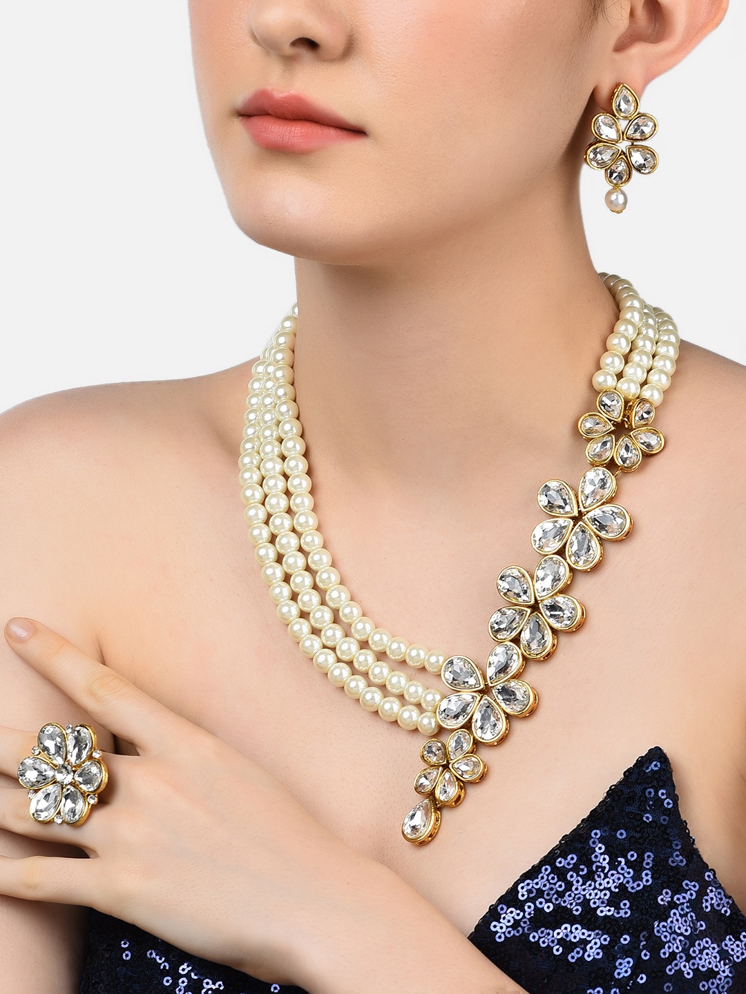 

Zaveri Pearls Gold-Plated White Stone-Studded & Pearl-Beaded Multistrand Jewellery Set