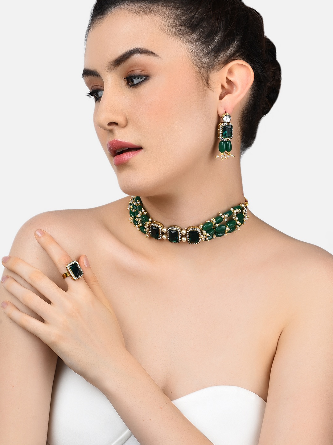 

Zaveri Pearls Gold-Plated Green & White Stone-Studded Beaded Jewellery Set