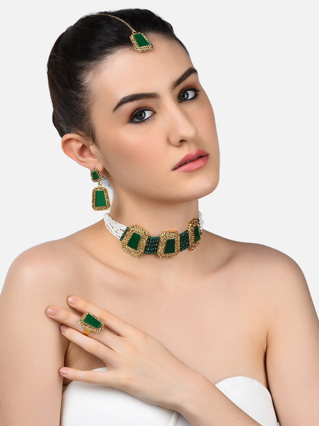 

Zaveri Pearls Gold-Plated Green & Beige Stone-Studded & Beaded Jewellery Set