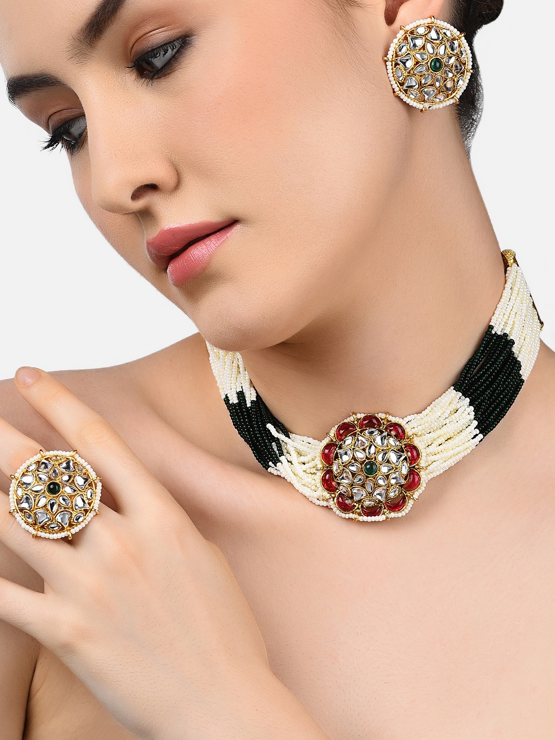 

Zaveri Pearls Gold-Plated Off White & Green Stone-Studded Pearls Beaded Layered Jewellery Set