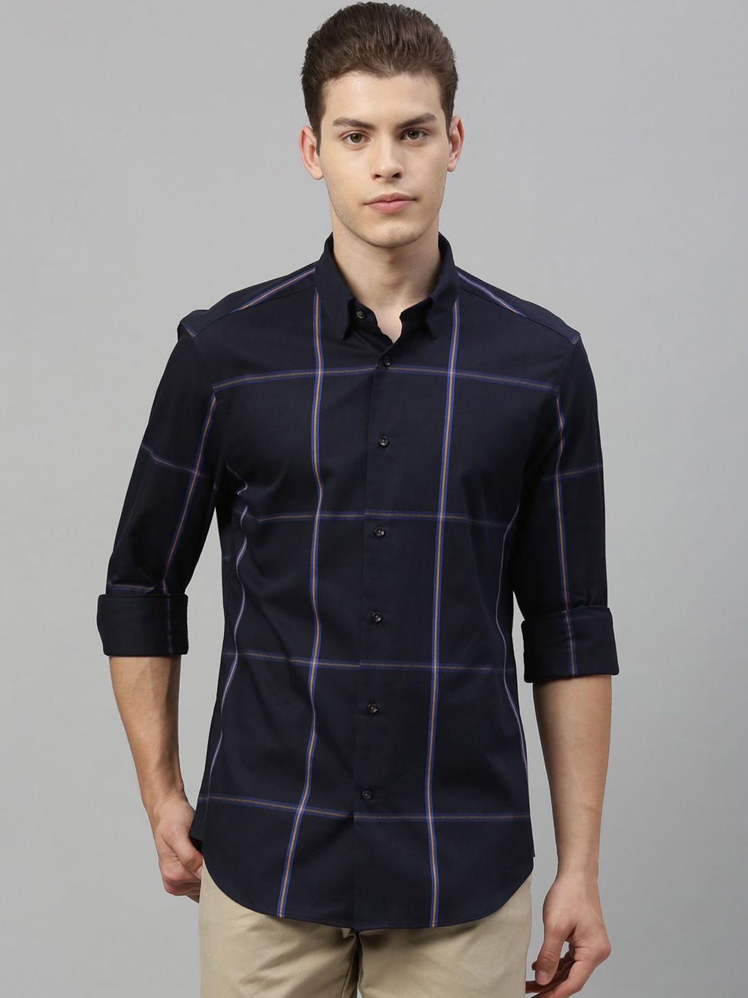 

RARE RABBIT Men Navy Blue Tailored Fit Windowpane Checks Checked Casual Shirt