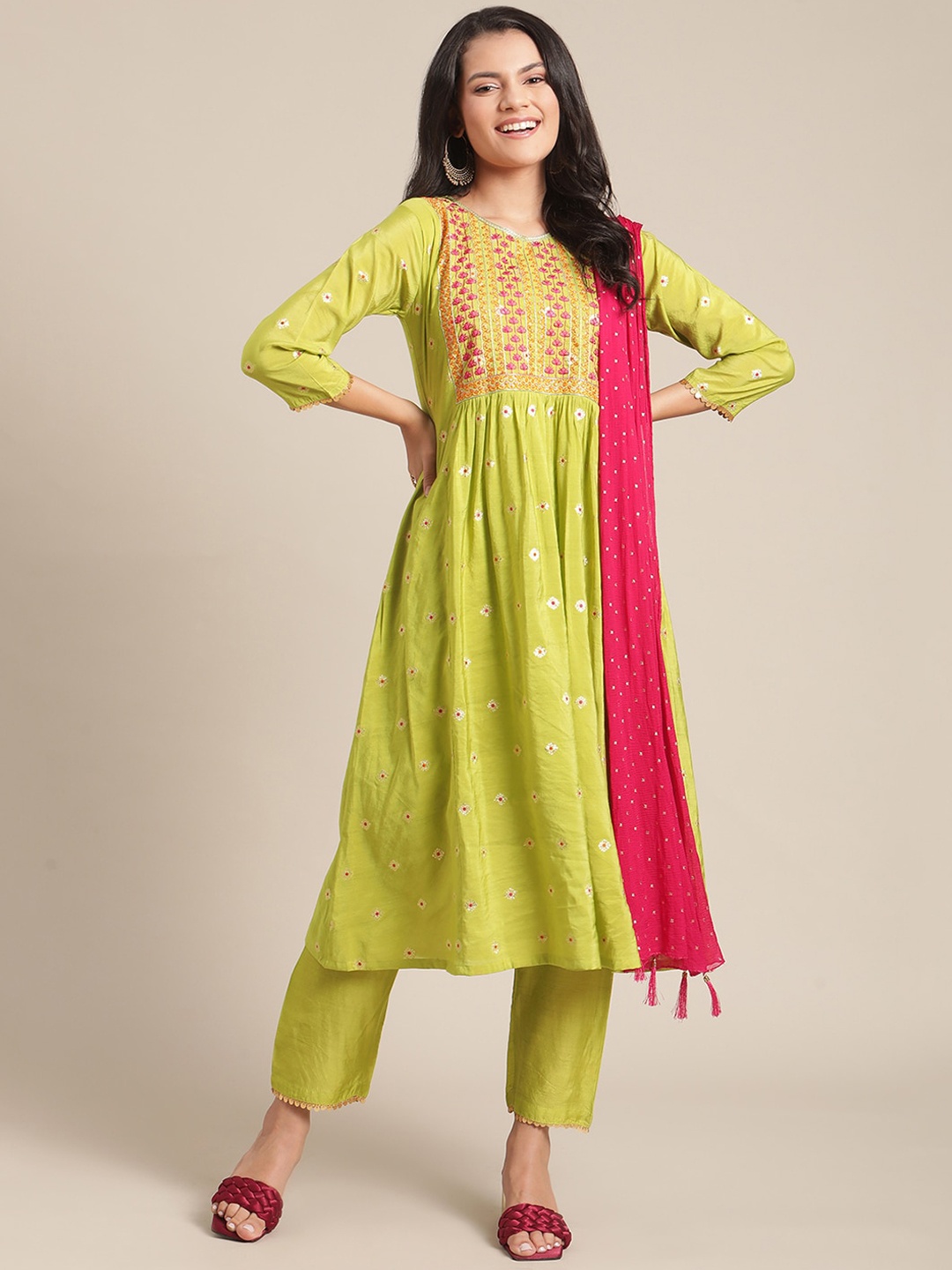 

Varanga Women Lime Green Embroidered Silk Blend Kurti with Trousers & With Dupatta