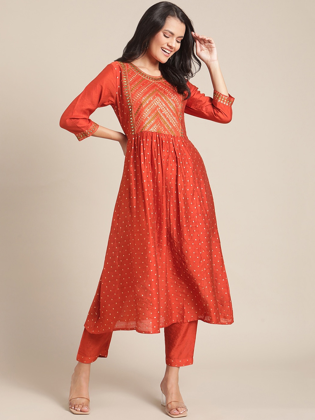 

Varanga Women Rust Bandhani Anarkali Style Silk Blend Kurti with Trousers