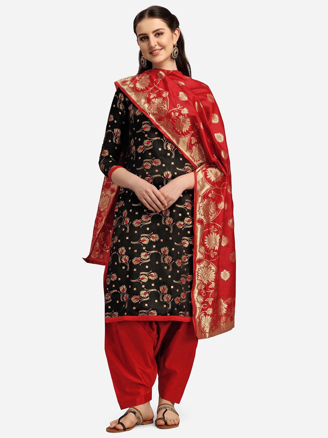 

Ethnic Junction Black & Red Woven Banarasi Unstitched Dress Material