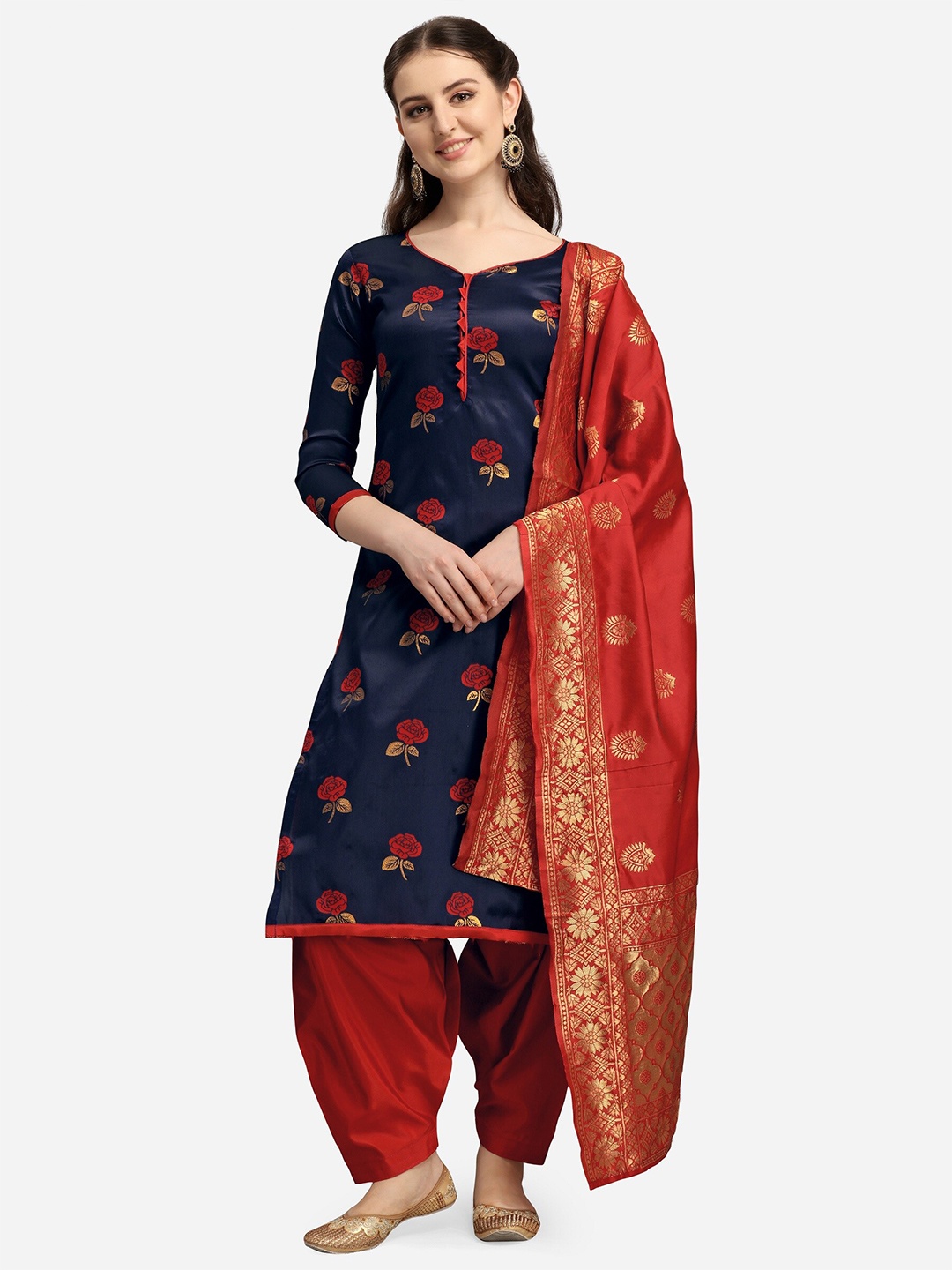 

Ethnic Junction Navy Blue & Red Unstitched Dress Material