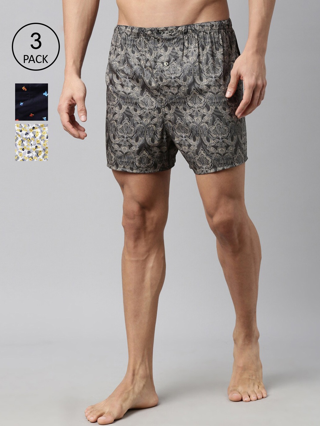 

RARE RABBIT Men Pack Of 3 Printed Pure Cotton Boxers, White
