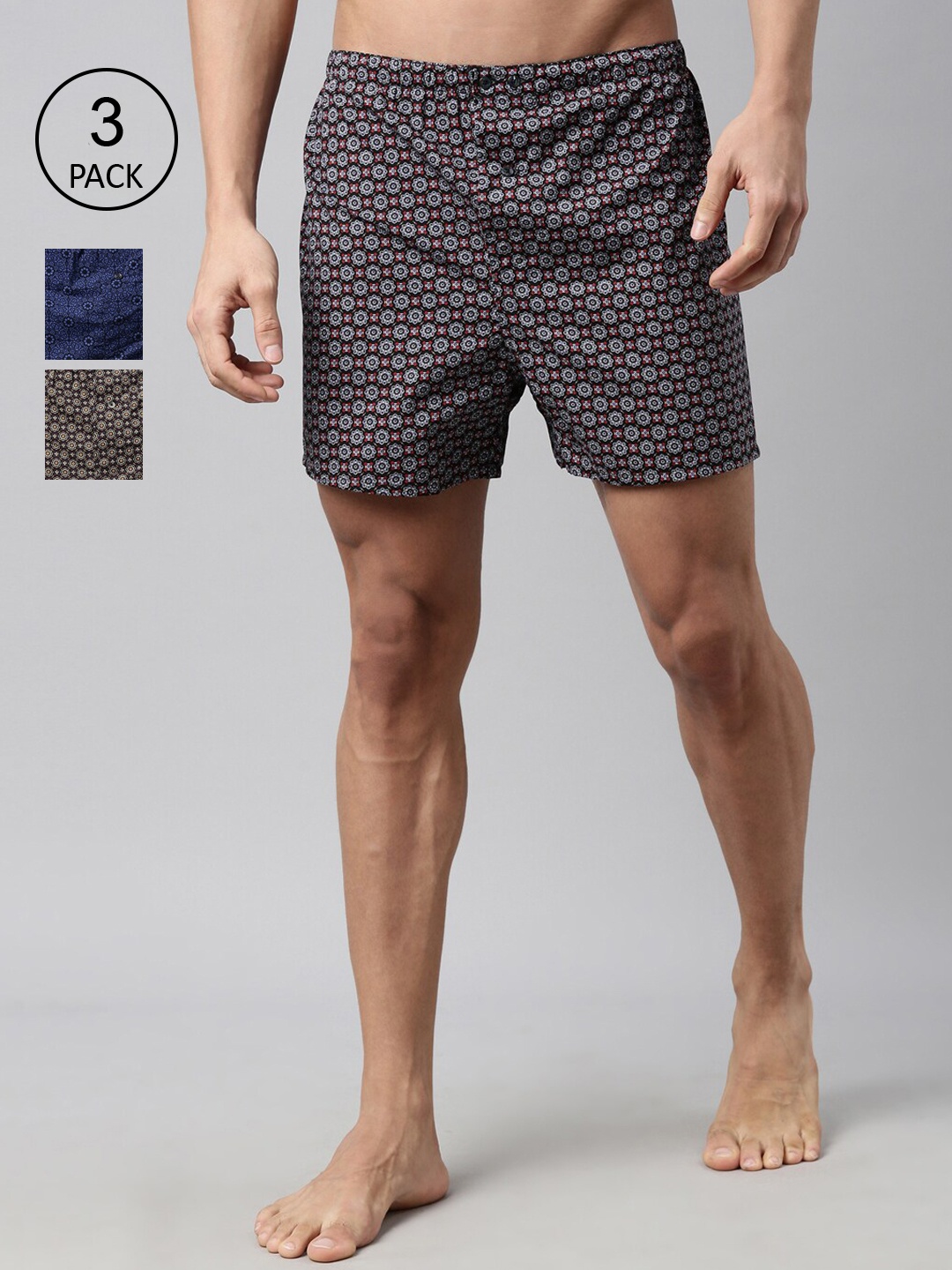 

RARE RABBIT Men Pack Of 3 Printed Pure Cotton Boxers JUEL/JAB/NIGHT, Black