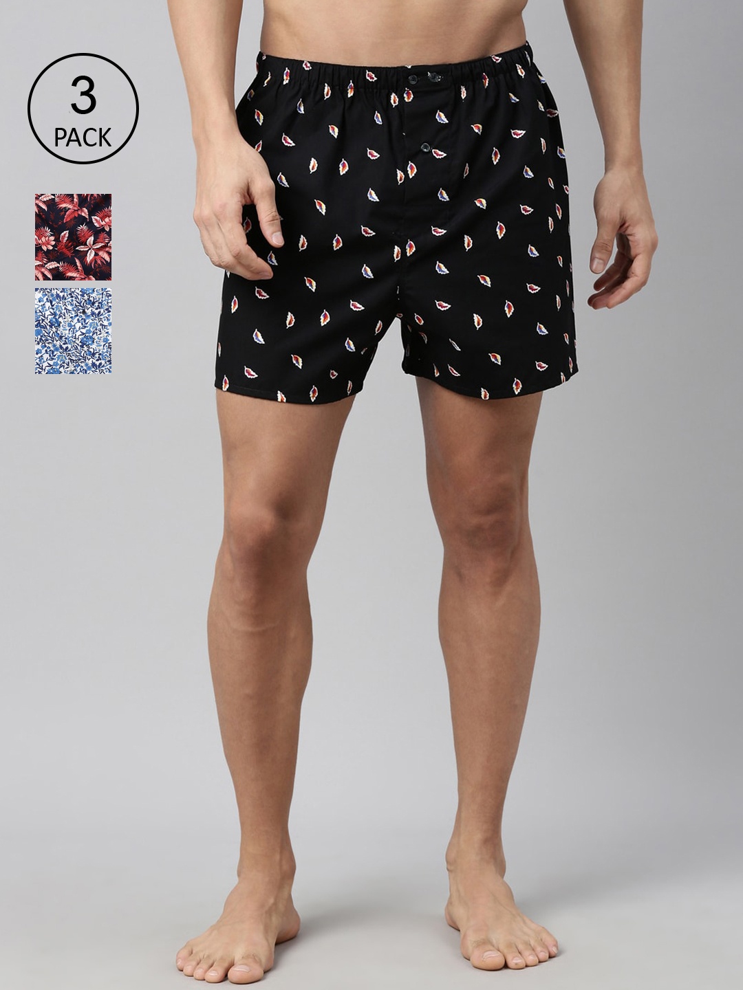 

RARE RABBIT Men Pack Of 3 Printed Pure Cotton Boxers LUKE/OPUS/FLOW, Navy blue