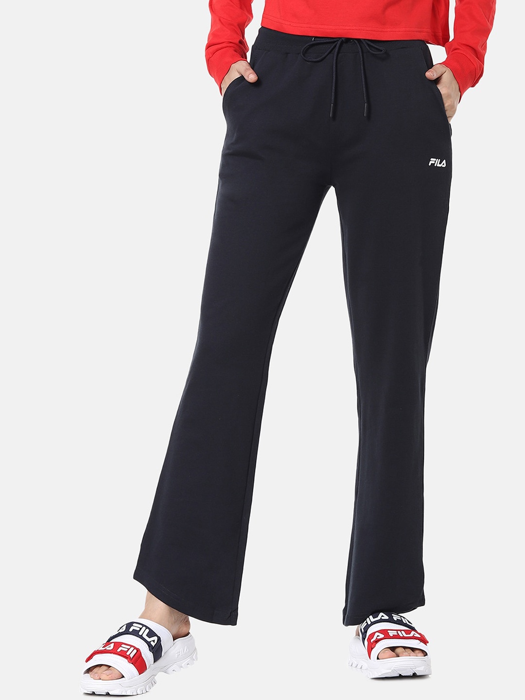 

FILA Women Navy Blue Solid Cotton Straight-Fit Track Pants