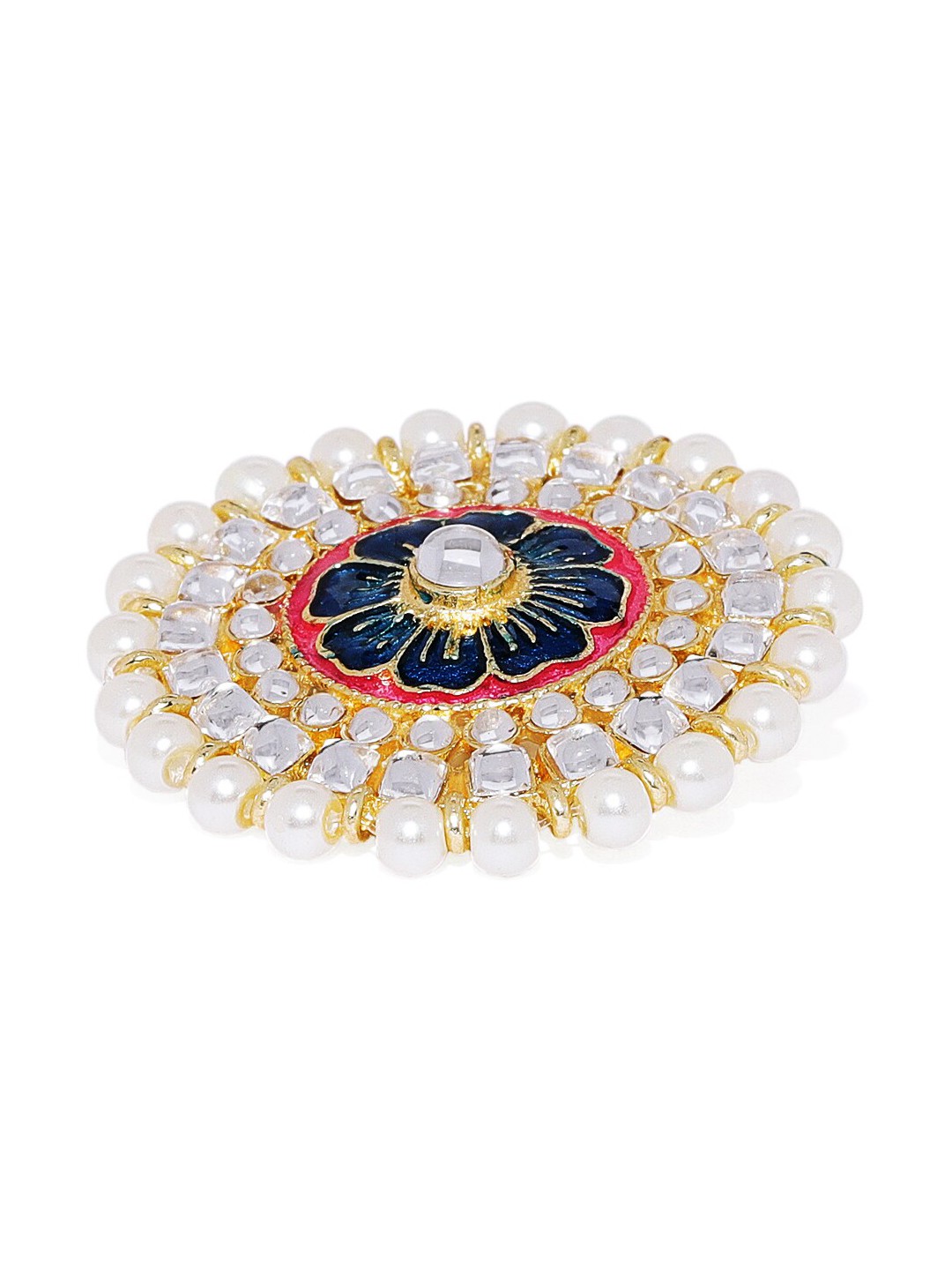 

AccessHer Gold-Plated White & Blue Stone-Studded & Beaded Enameled Brooch