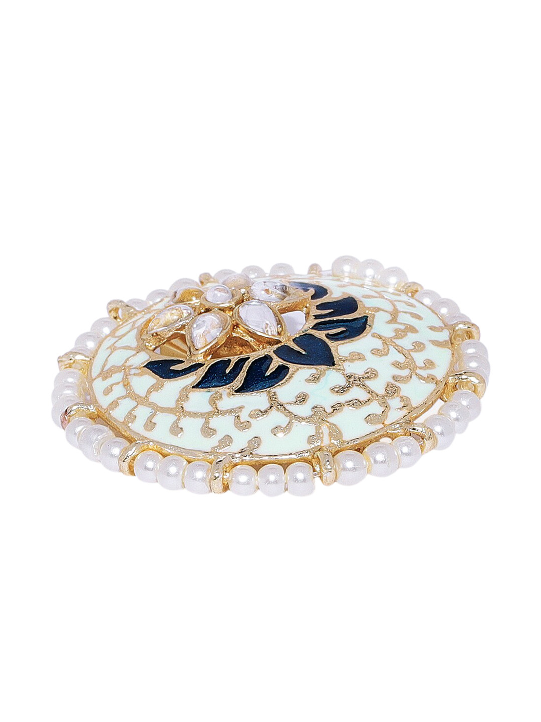 

AccessHer Gold-Plated Sea Green & White Stone-Studded & Beaded Enameled Brooch