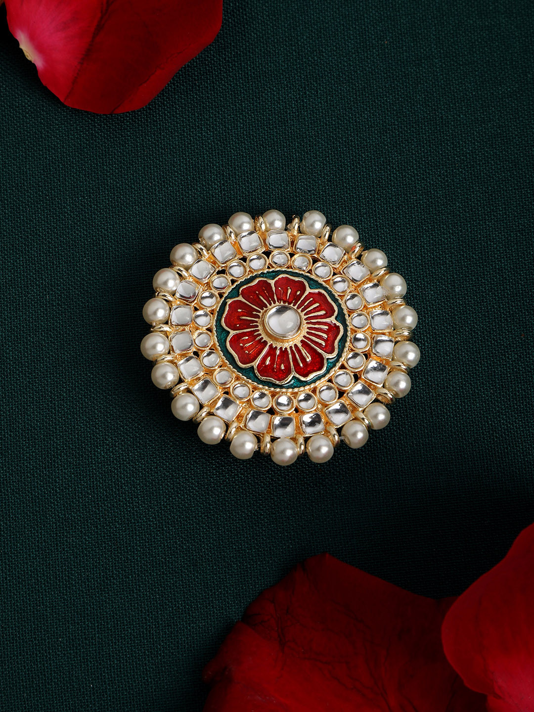 

AccessHer Gold-Plated White & Red Stone-Studded & Beaded Enameled Brooch