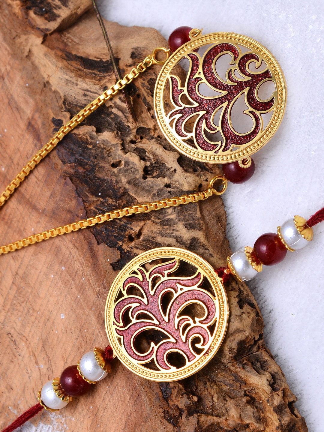 

PANASH Unisex Set of 2 Gold-Plated Red & White Beaded Enameled Handcrafted Rakhi & Lumba Bracelet With Roli Chawal