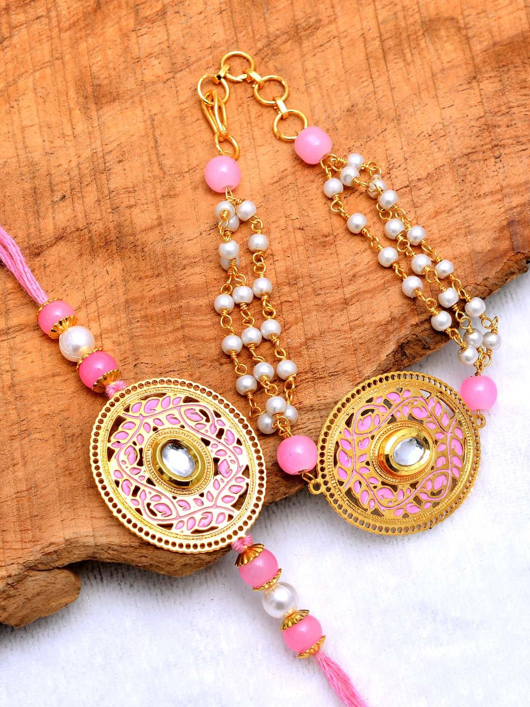 

PANASH Gold-Toned & Pink Brass Handcrafted Rakhi & Lumba Bracelet With Roli Chawal