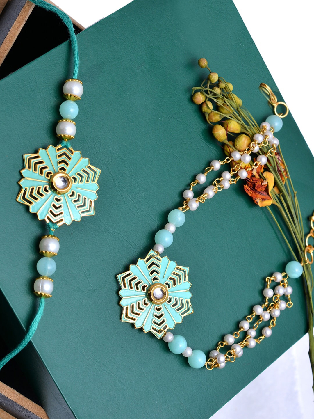 

PANASH Gold-Plated & Turquoise-Blue Brass Handcrafted Rakhi & Lumba Bracelet With Roli Chawal