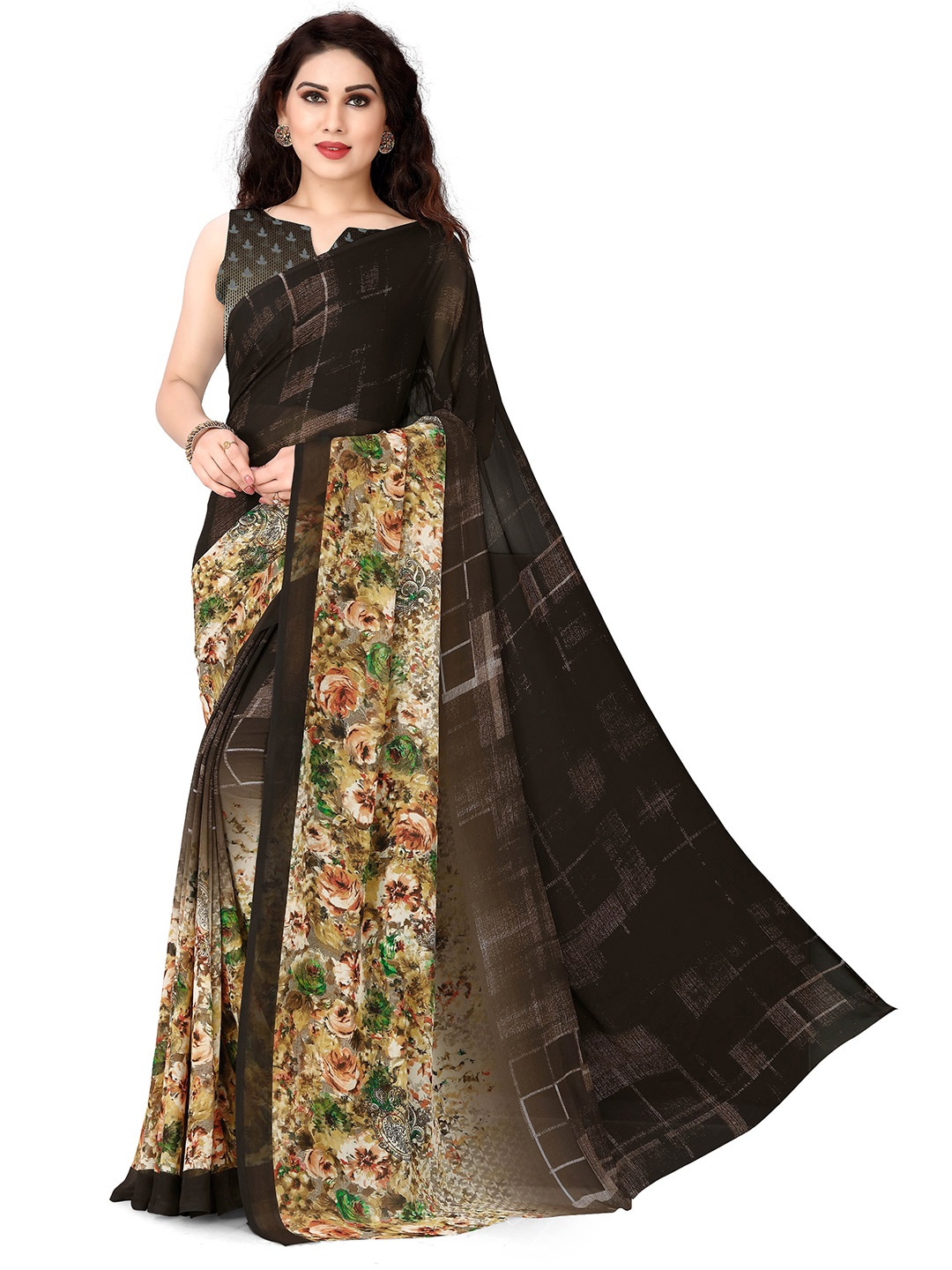 

KALINI Brown & Green Floral Printed Saree