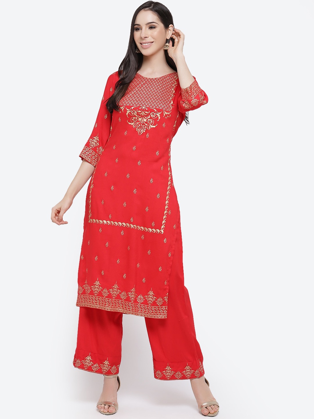 

Kurti's by Menka Women Red & Gold Ethnic Motifs Foil Printed Kurta with Palazzos