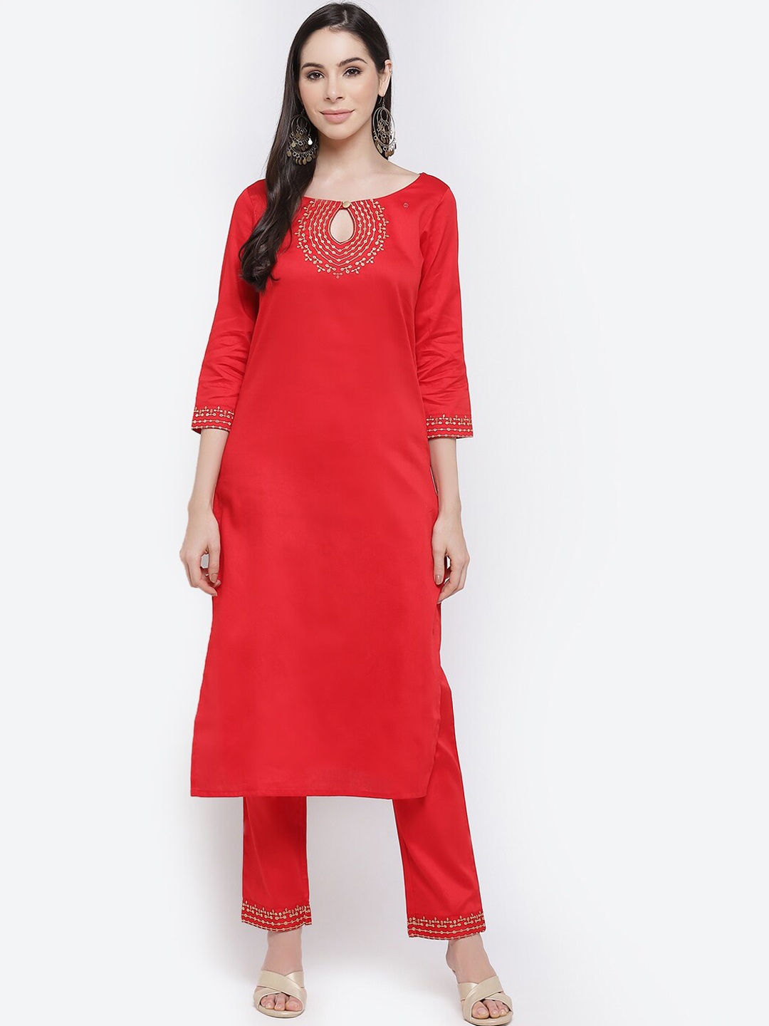 

Kurti's by Menka Women Red Sequinned Pure Silk Kurta with Trousers