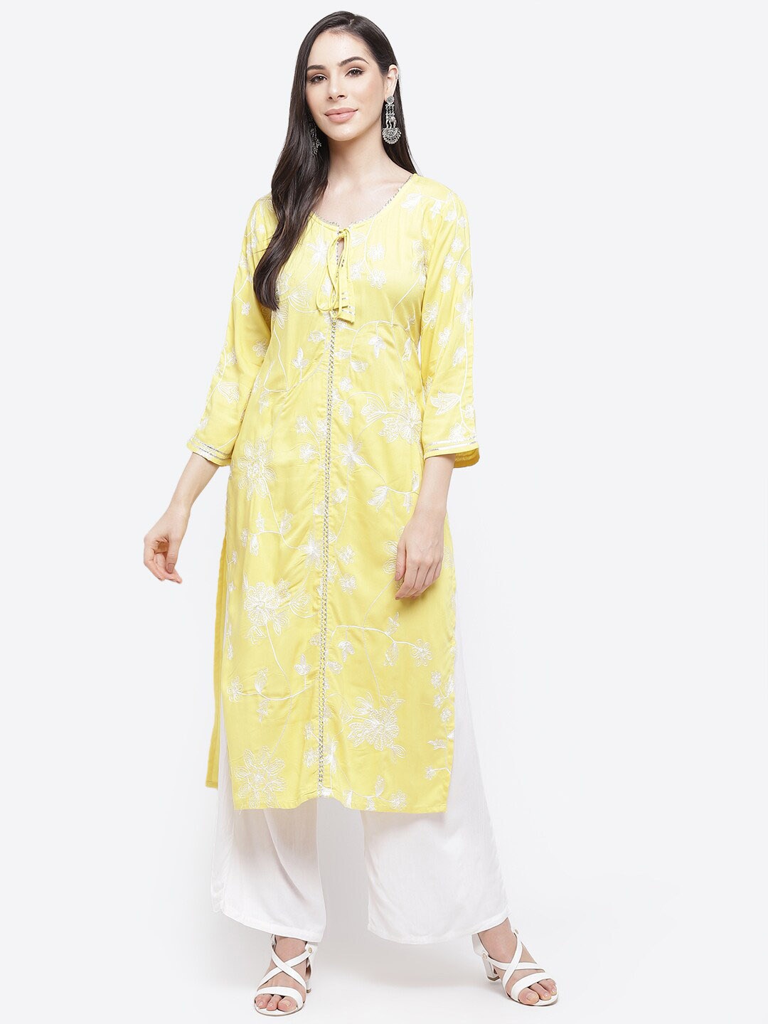 

Kurti's by Menka Women Yellow Embroidered Kurta with Palazzos