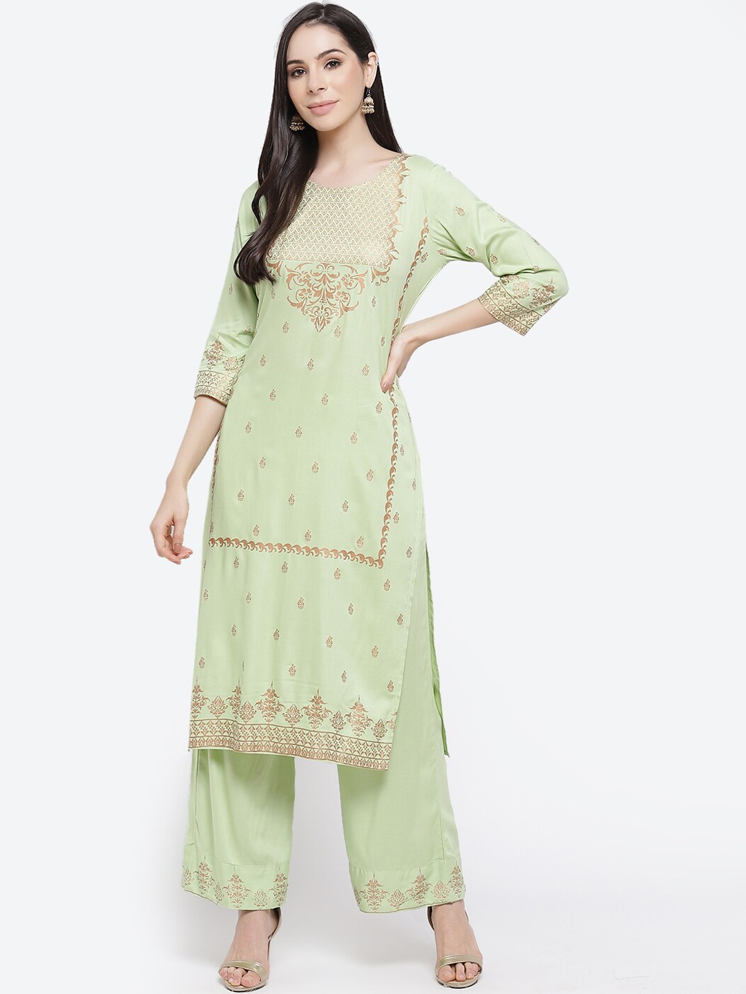 

Kurti's by Menka Women Green & Gold Ethnic Motifs Foil Printed Kurta With Palazzos