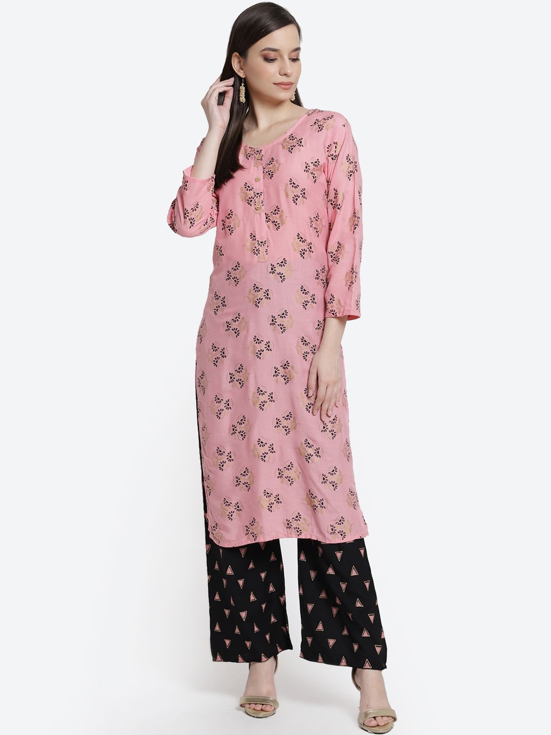 

Kurti's by Menka Women Peach-Coloured Printed Kurta with Palazzos