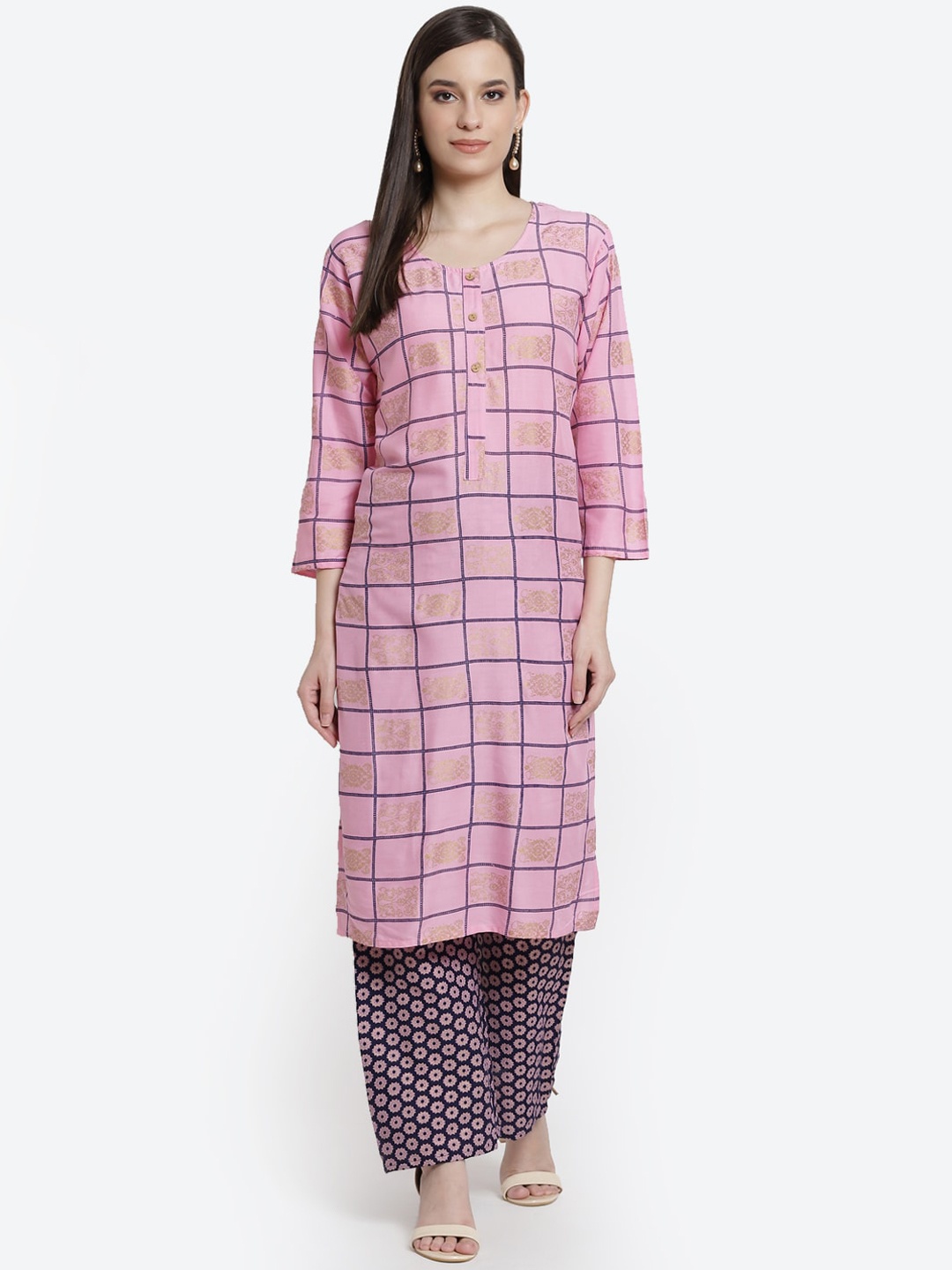 

Kurti's by Menka Women Pink & Gold Ethnic Motifs Printed Kurta with Palazzos