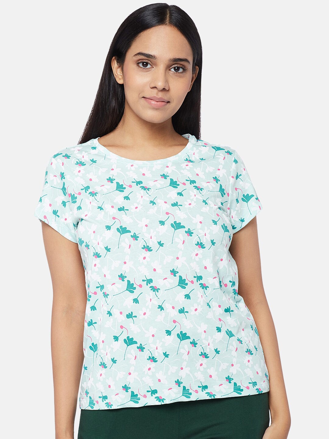 

Dreamz by Pantaloons Women Blue Printed Extended Sleeves Raw Edge Lounge T-shirt
