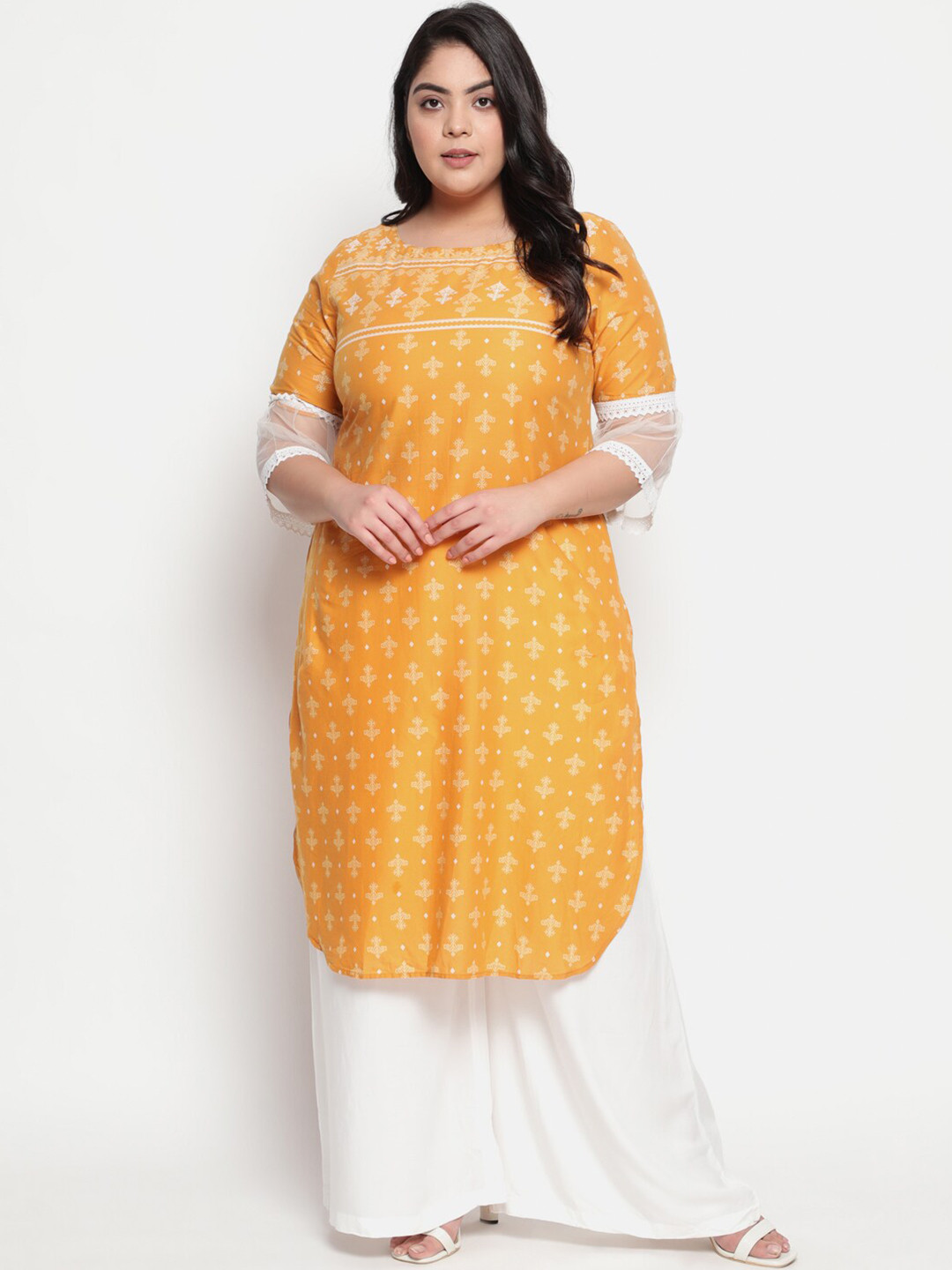 

Amydus Women Plus Size Mustard & White Ethnic Motifs Printed Pure Cotton Kurta