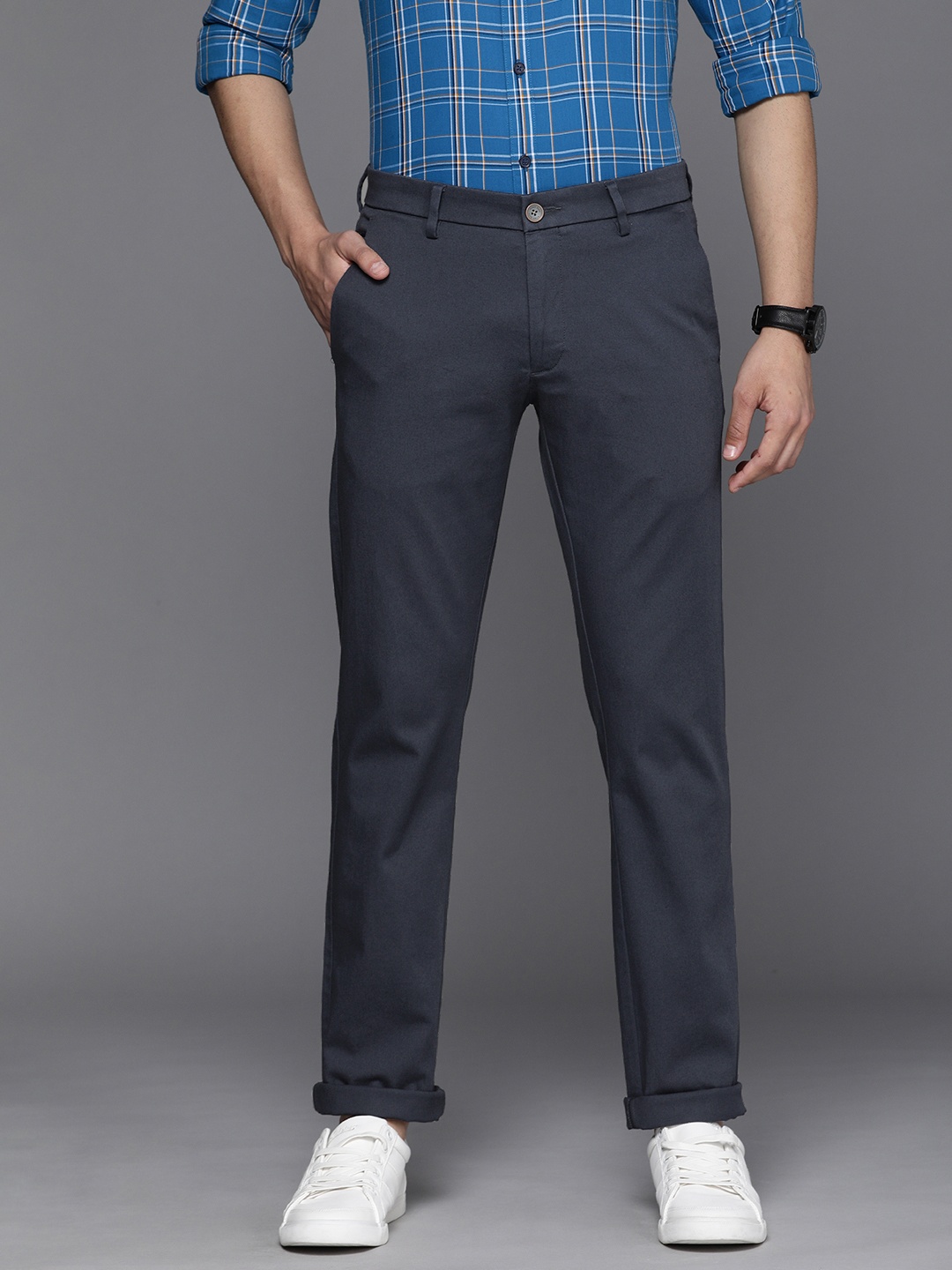 

Allen Solly Men Navy Blue Solid Slim Fit Trousers