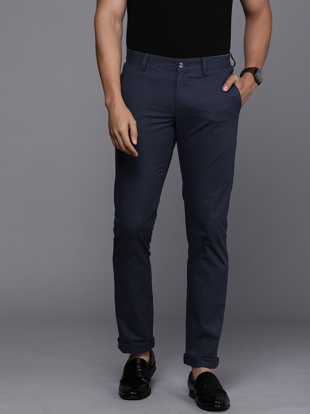 

Allen Solly Men Navy Blue Solid Slim Fit Trousers