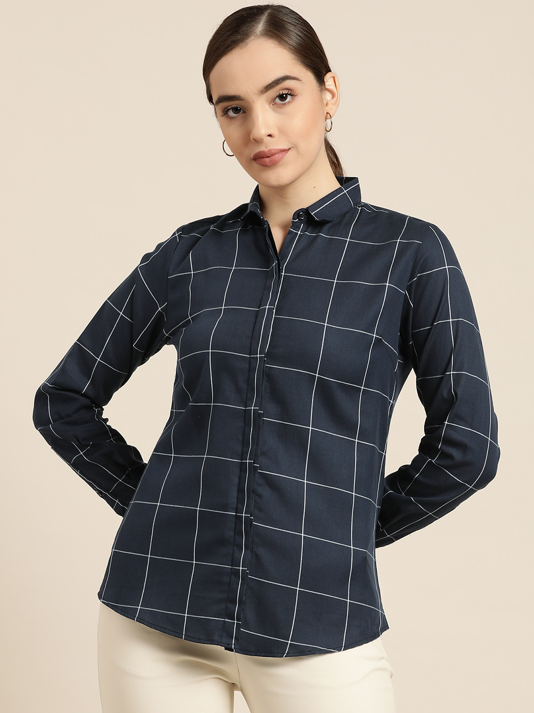 

Hancock Women Navy Blue Cotton Slim Fit Checked Formal Shirt