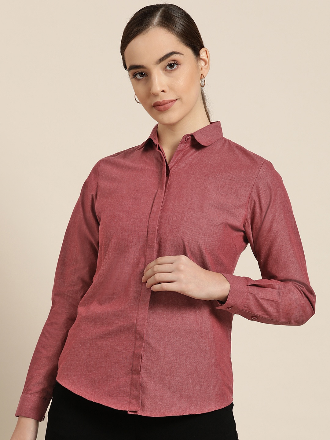 

Hancock Women Maroon Cotton Solid Slim Fit Formal Shirt