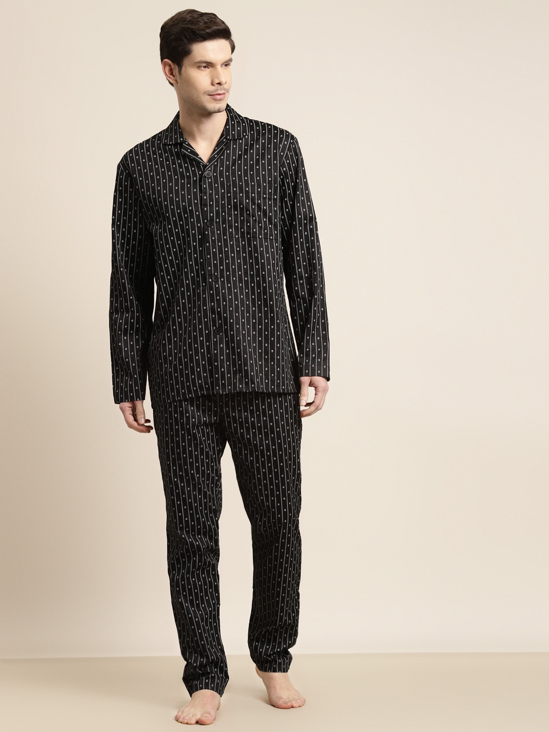 

Hancock Men Black & White Striped Pure Cotton Night suit