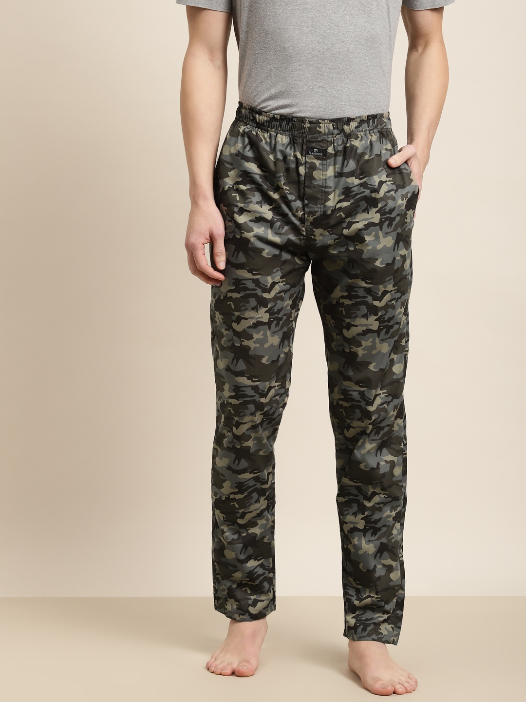 

Hancock Men Grey & Olive Green Camouflage Print Pure Cotton Comfort Fit Lounge Pant